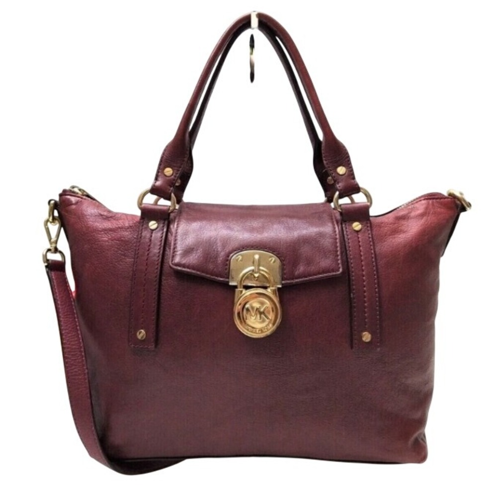 Michael Kors Hamilton Maroon Leather Lock Top Handle Zipper Satchel Shoulder Bag